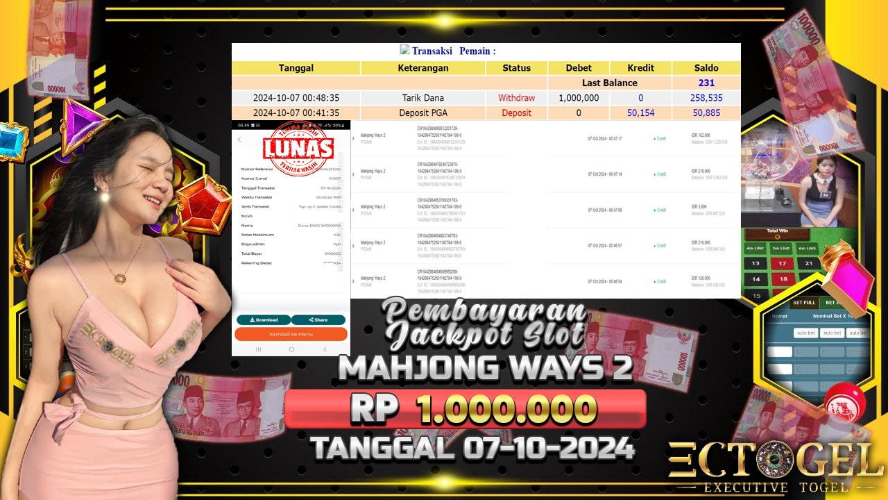 BUKTI JACKPOT SLOT MAHJONG WAYS 2 TERPERCAYA DI INDONESIA TGL 07-10-2024