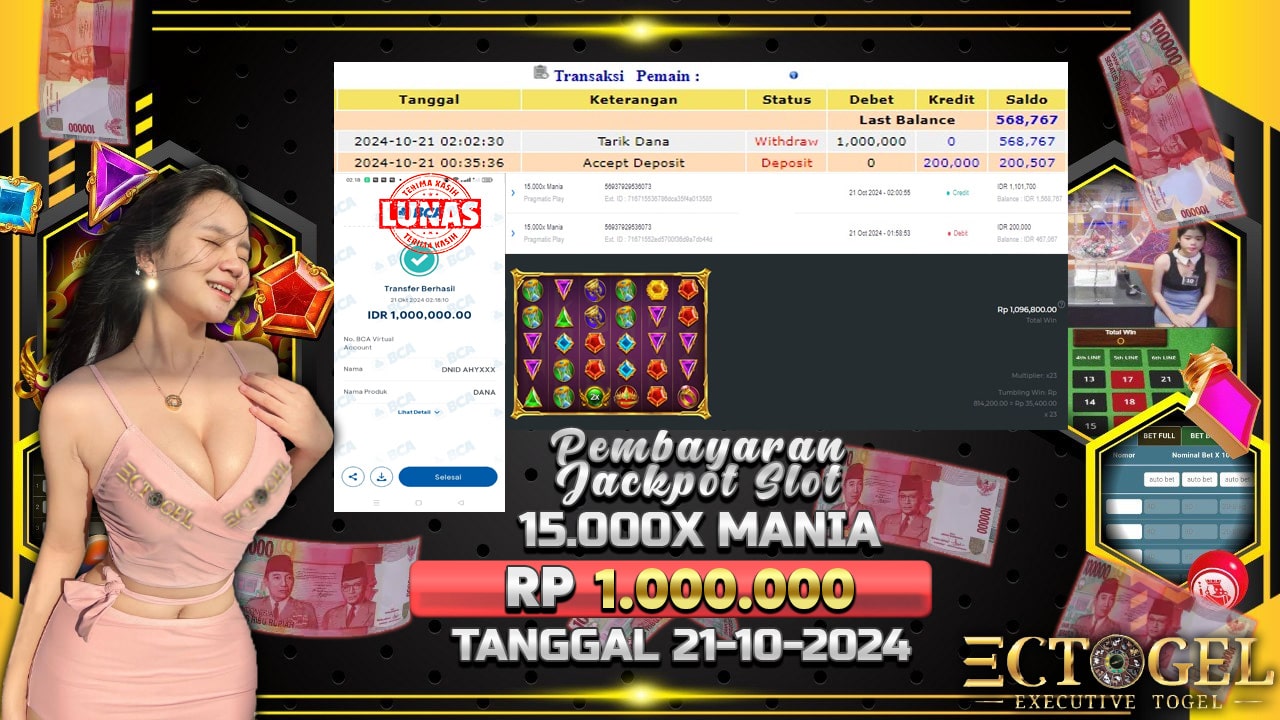 BUKTI JACKPOT SLOT 15.000X MANIA TERPERCAYA DI INDONESIA TGL 21-10-2024